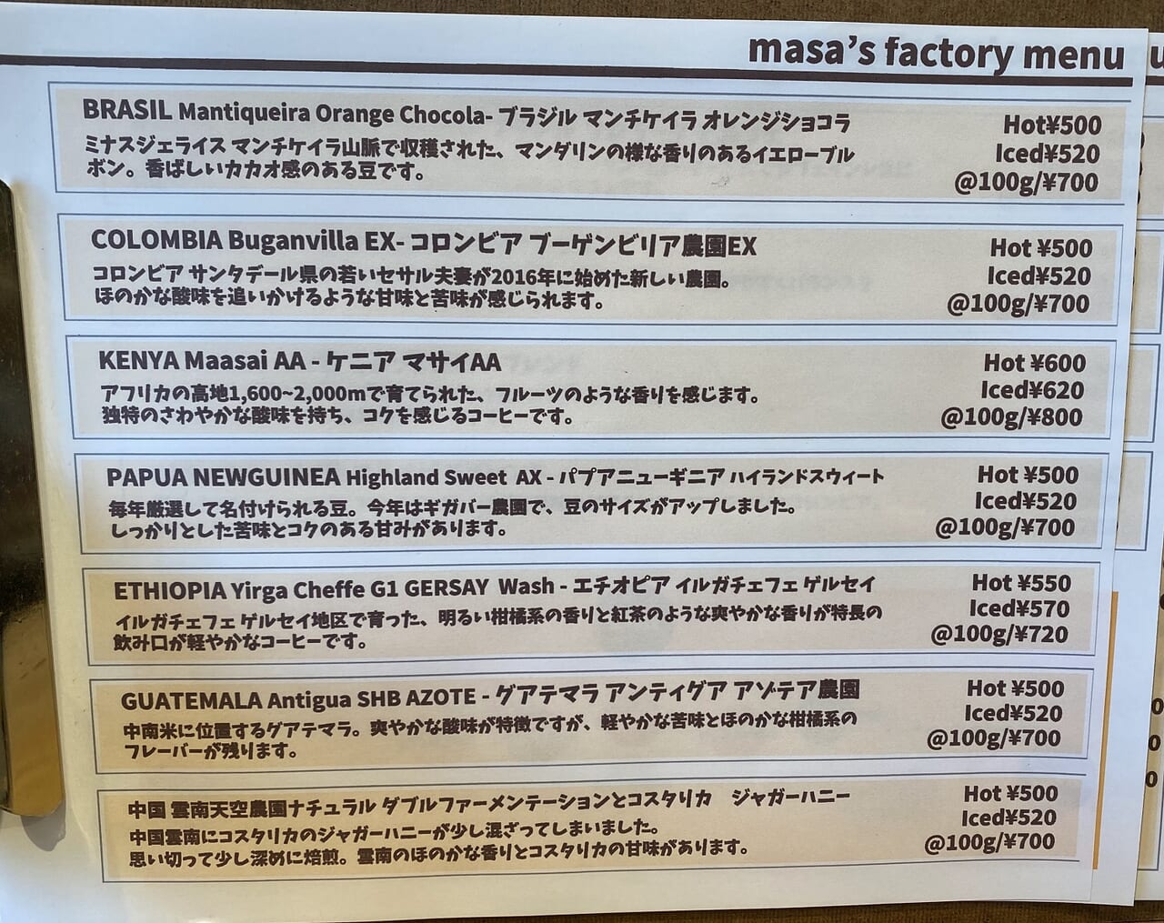 masa's factoryのメニュー